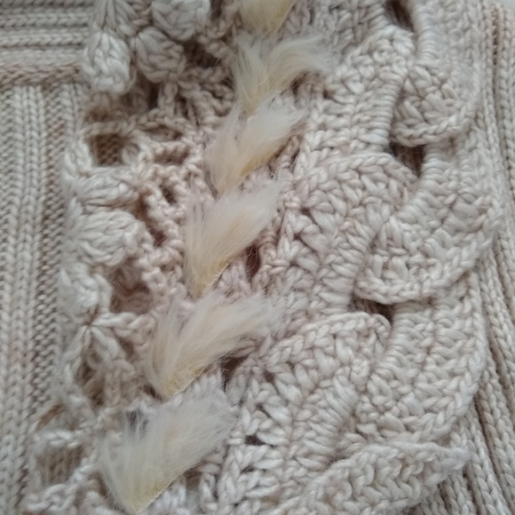 Faux fur wool cocoon shawl collar curved hem pointelle crochet floral cardigan - Picture 7 of 10